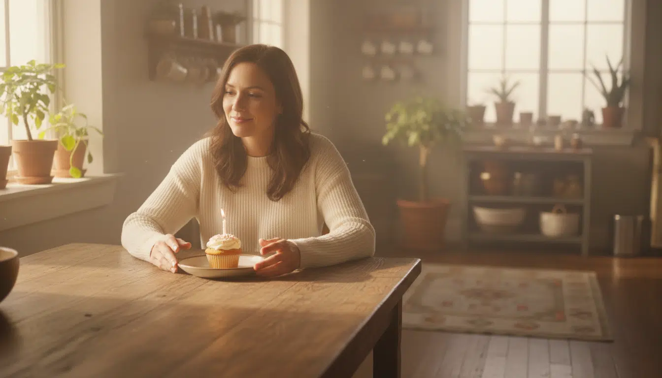 Femme seule devant un cupcake d'anniversaire non allumé
