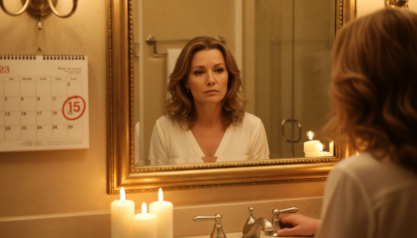 Femme pensive devant un miroir près d'un calendrier