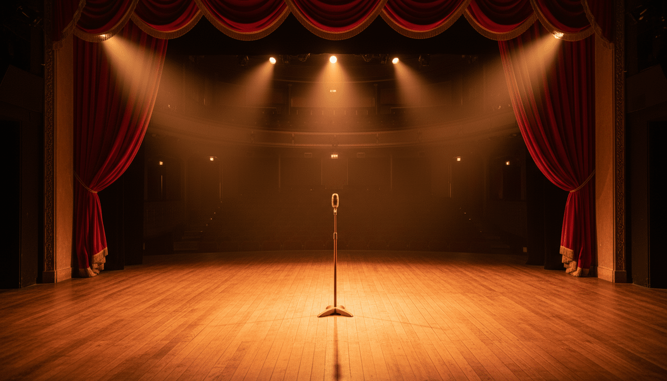 Scène de théâtre à la française éclairée de lumières dorées et orangées, rideaux de velours rouge, évoquant une pièce comique