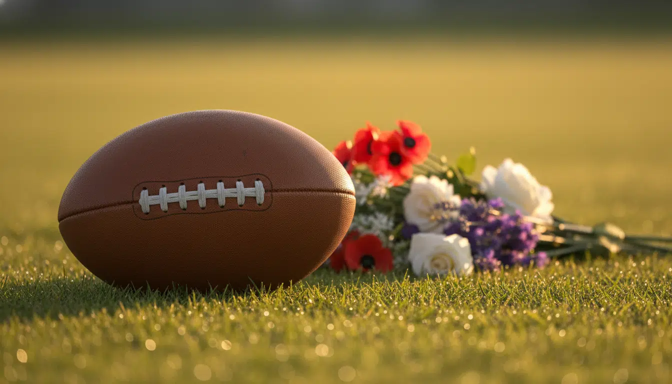 Ballon de rugby sur pelouse avec fleurs en hommage