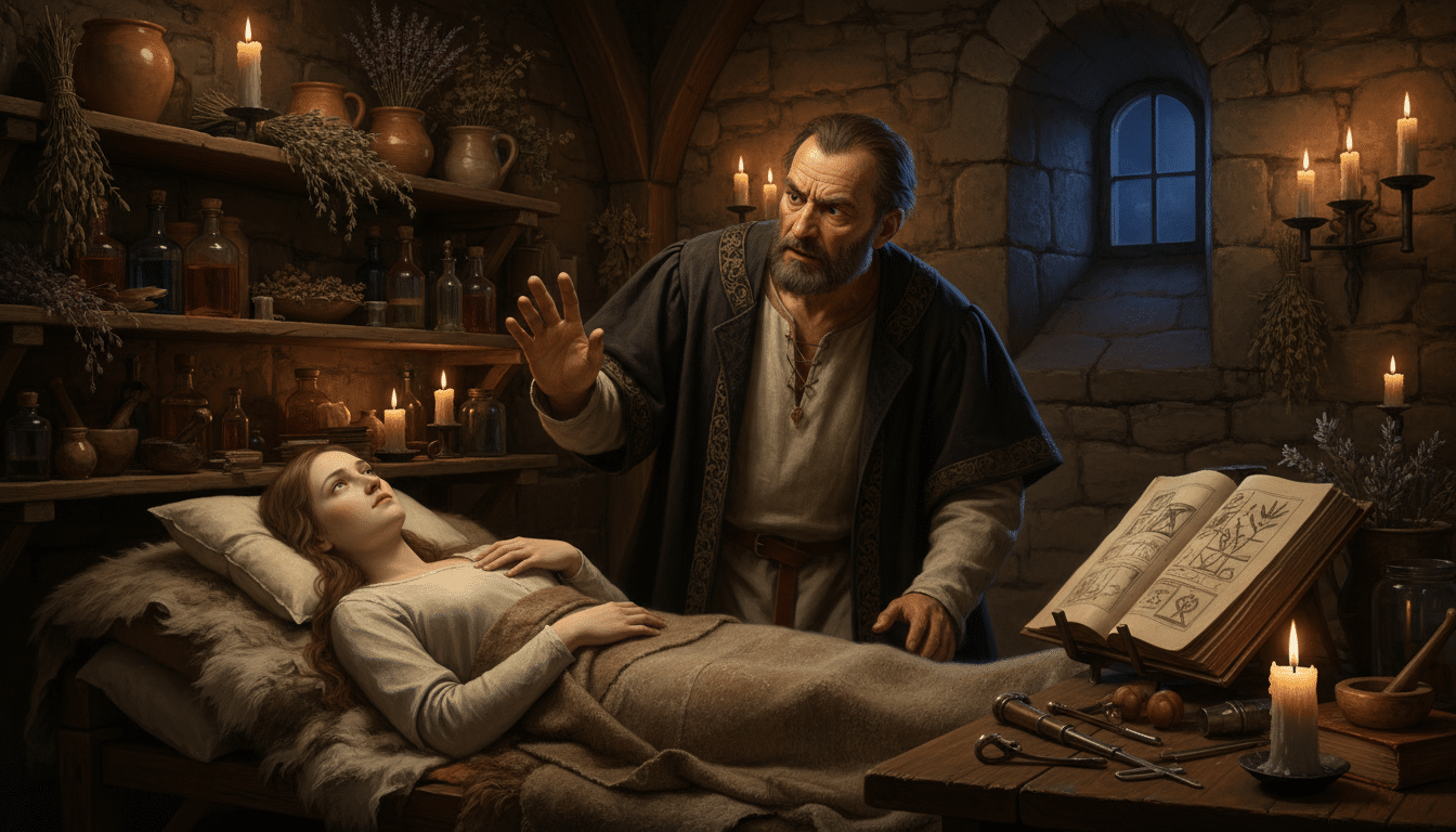 Apothicaire médiéval examinant un patient malade
