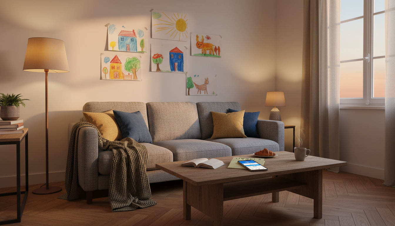 Appartement modeste avec livret d'épargne sur la table