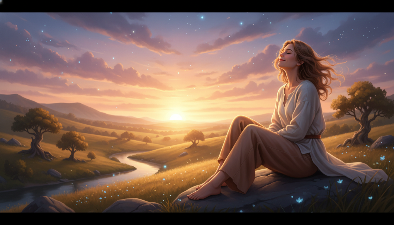 Personne sereine au coucher du soleil ambiance mystique