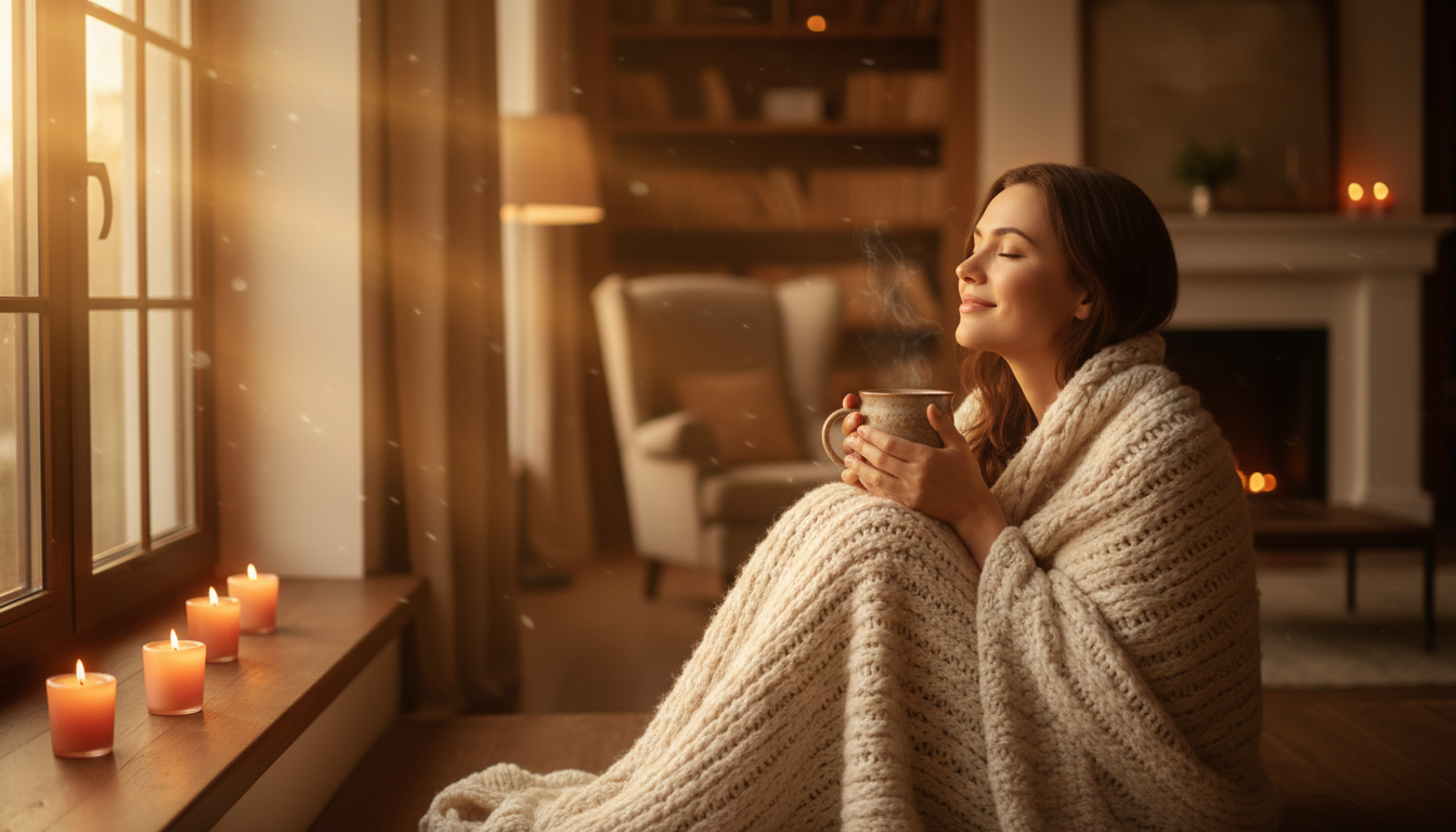 Femme apaisée chez elle dans une lumière dorée