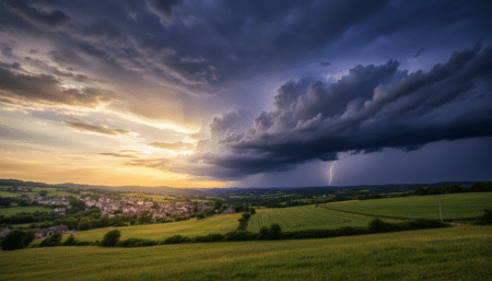 Ciel partagé entre soleil et nuages d'orage au-dessus de la campagne française