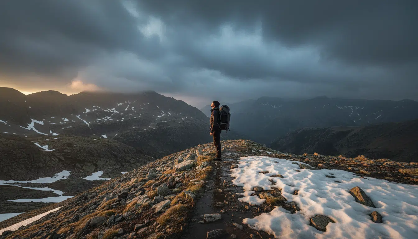 Randonneur face aux nuages menaçants dans les Pyrénées enneigées en avril