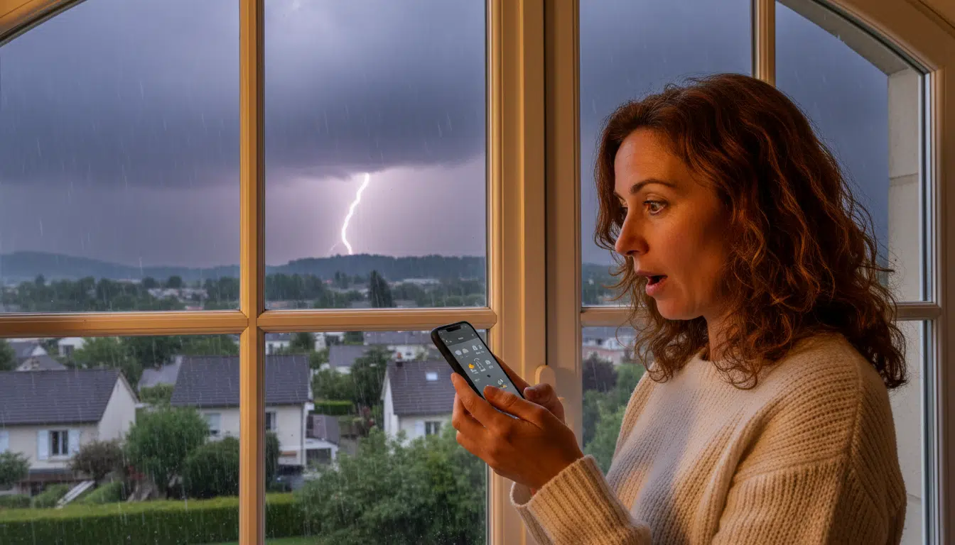 Femme consultant la météo sur son téléphone pendant un orage de printemps