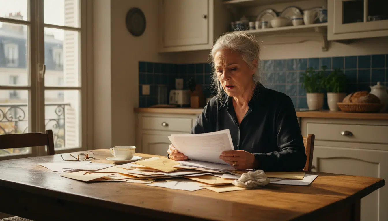 Femme senior inquiète devant ses documents administratifs