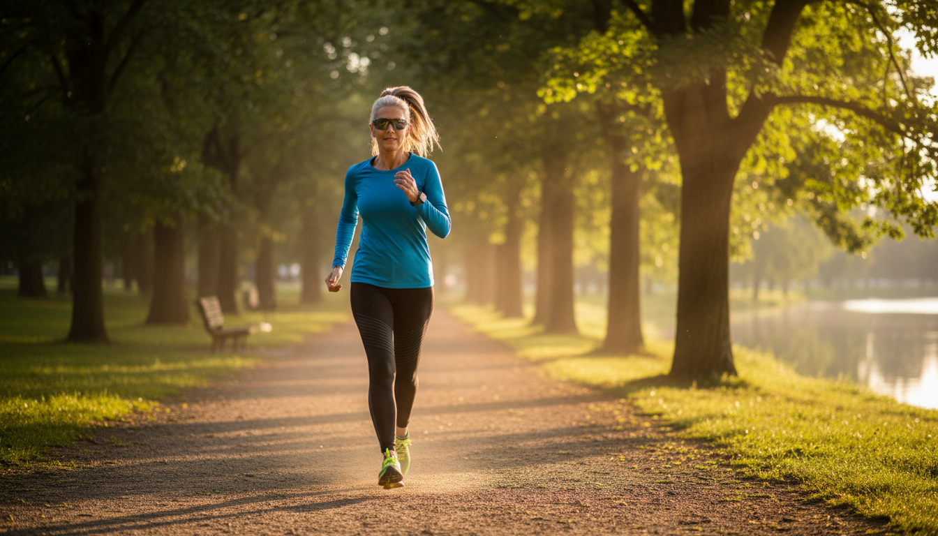 Femme de 50 ans marchant d'un bon pas dans un parc