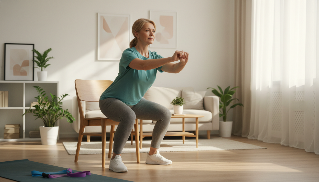 Femme faisant des squats chez elle avec une chaise