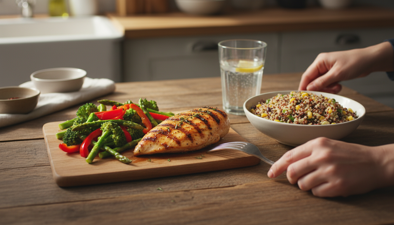 Repas équilibré riche en protéines et légumes colorés