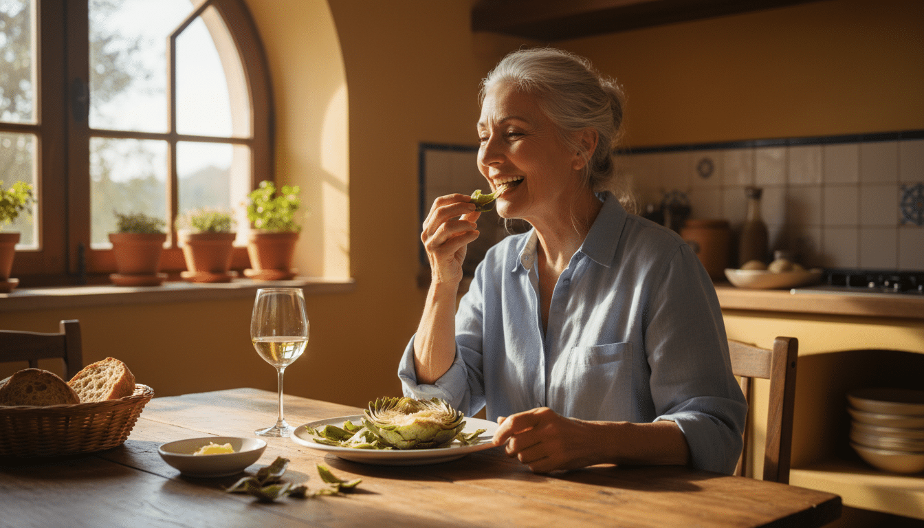 Femme de 60 ans mangeant un artichaut vapeur