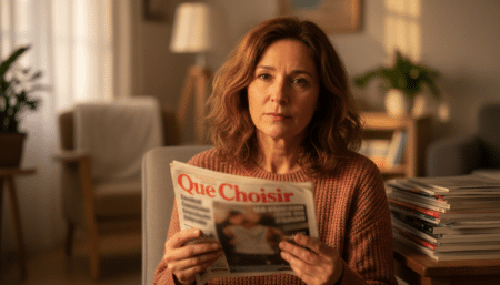 Femme lisant le magazine Que Choisir dans son salon