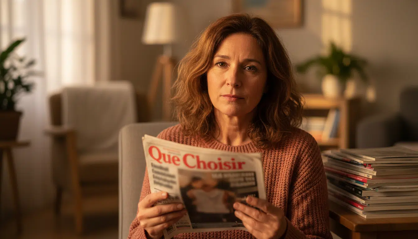 Femme lisant le magazine Que Choisir dans son salon