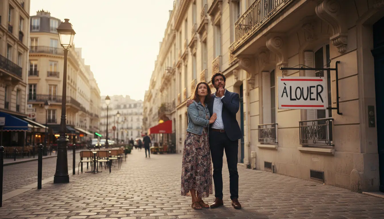 Couple devant un immeuble avec panneau à louer