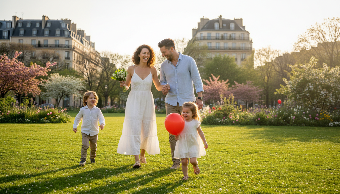Famille se promenant au soleil le jour du 1er mai