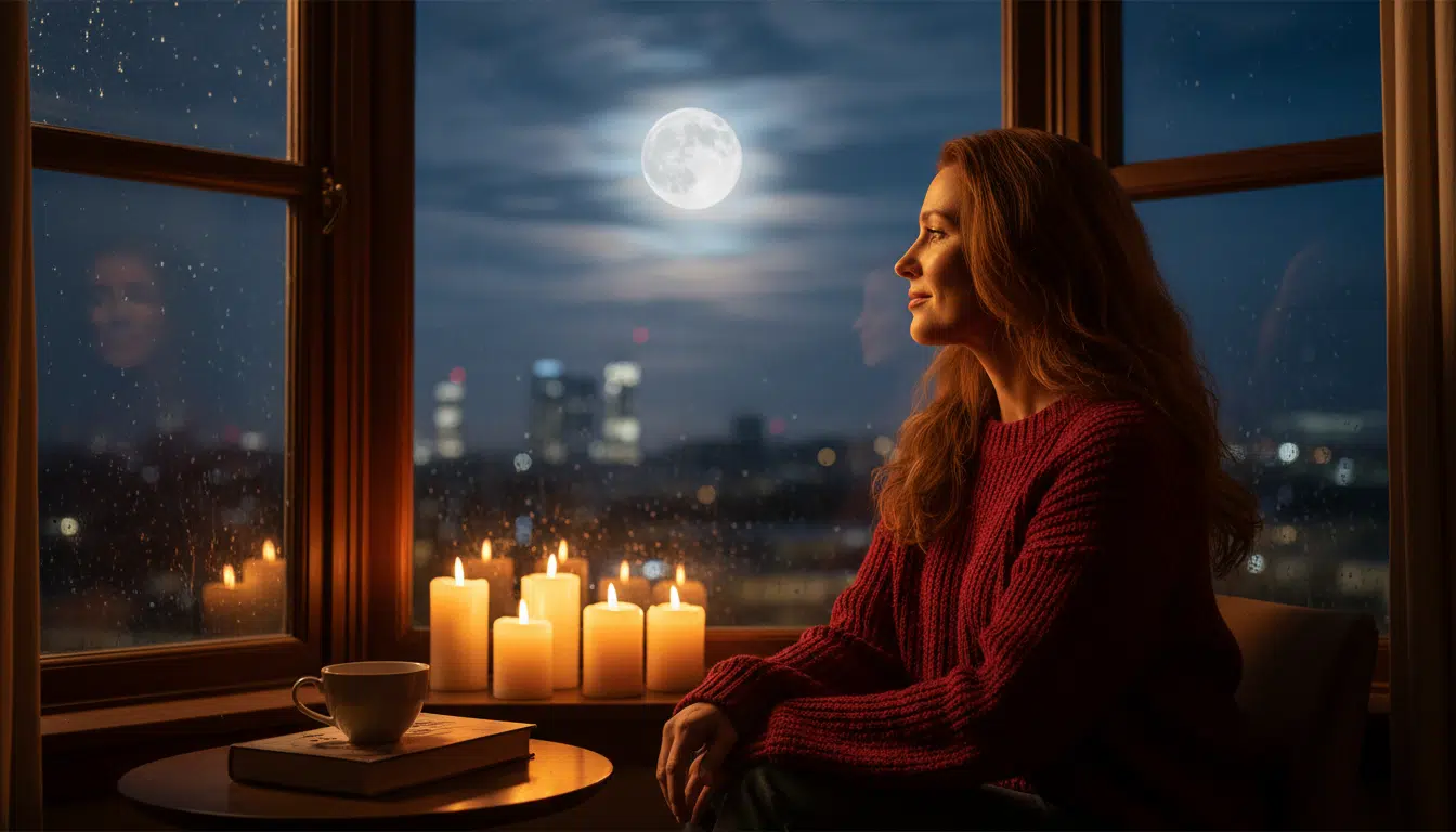 Femme contemplant la pleine lune à la fenêtre
