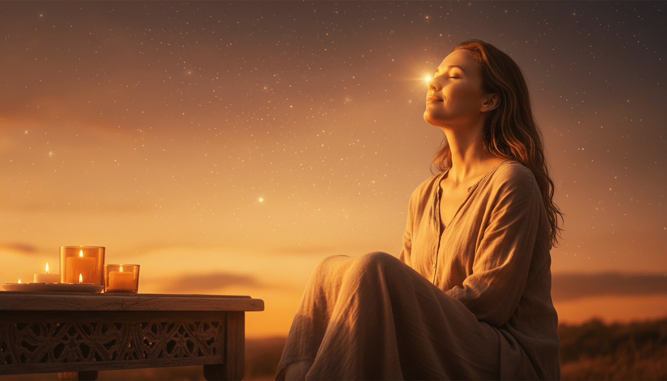 Personne sereine baignée de lumière dorée au coucher du soleil