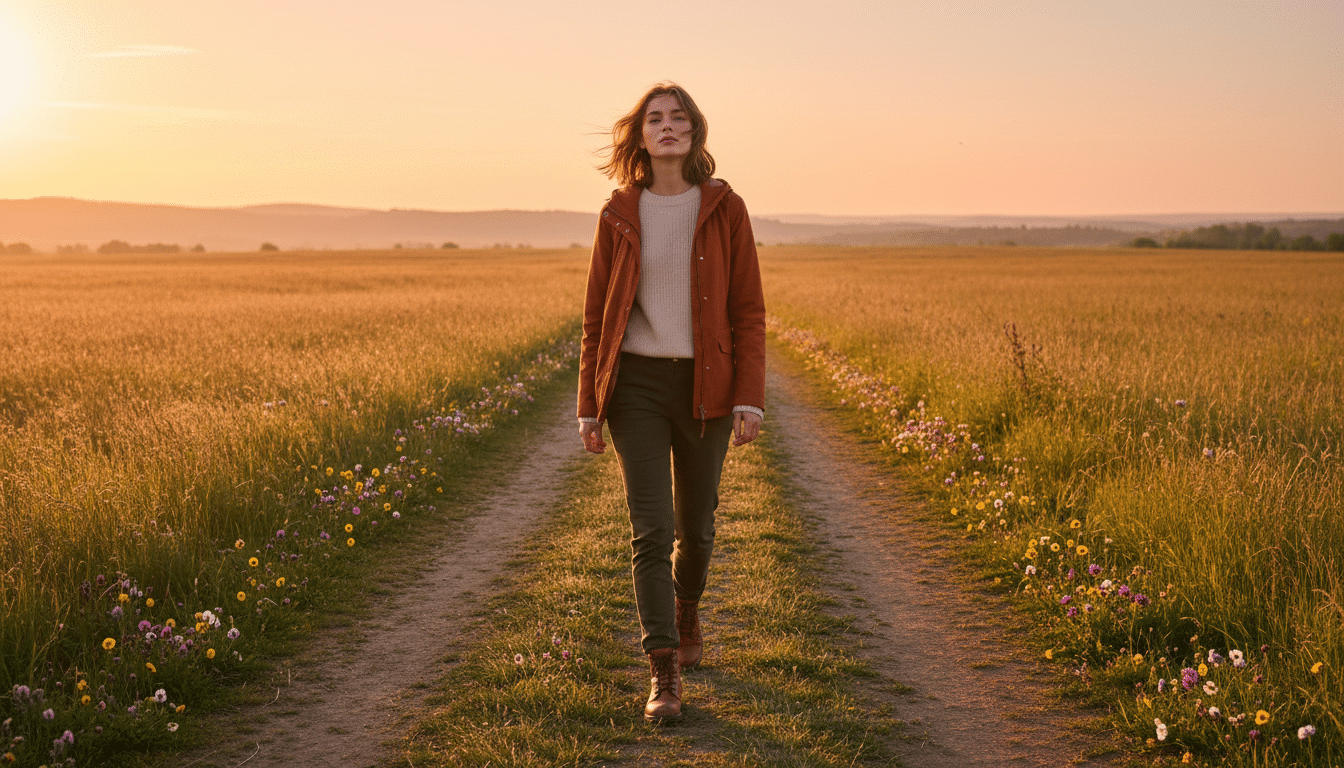 Personne confiante marchant sur un chemin doré au lever du soleil
