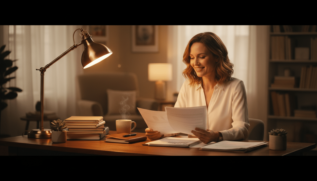 Personne souriante dans un bureau organisé sous une lumière chaleureuse