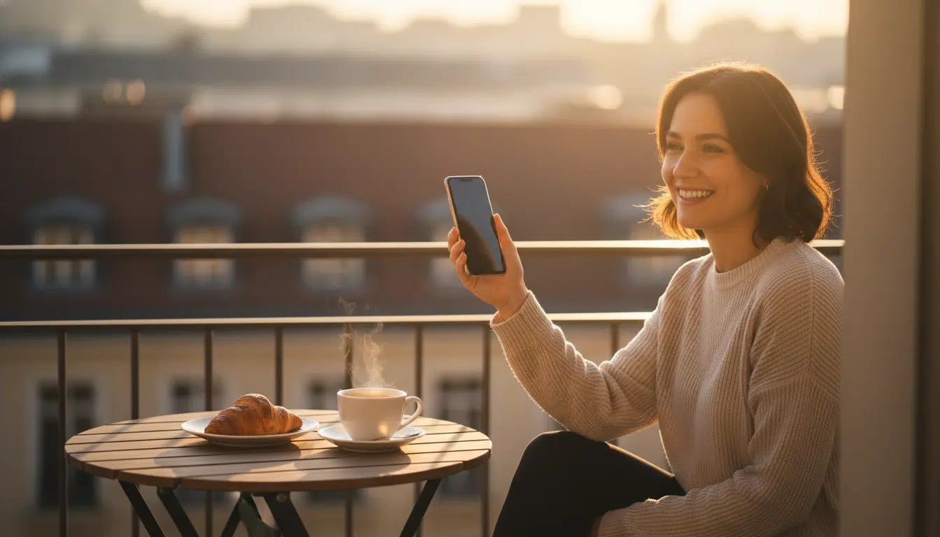 Personne souriante appelant un ami au soleil