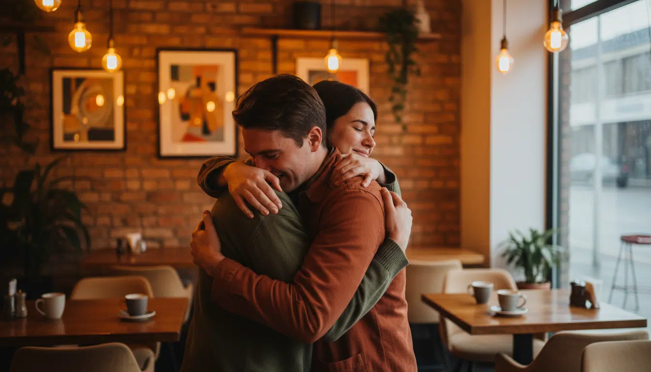 Deux personnes se retrouvant dans un café chaleureux