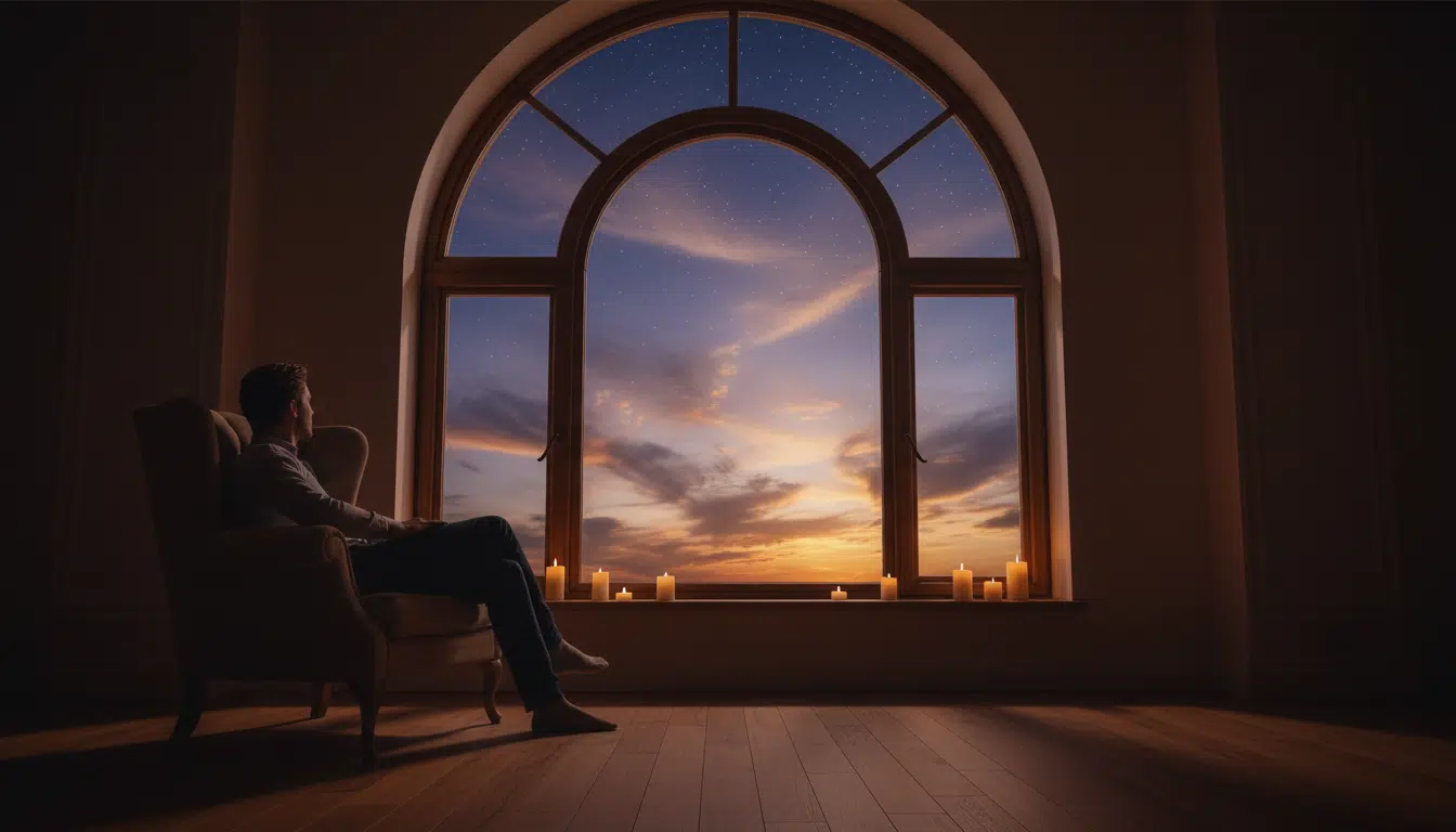 Personne contemplant un ciel étoilé avec des bougies