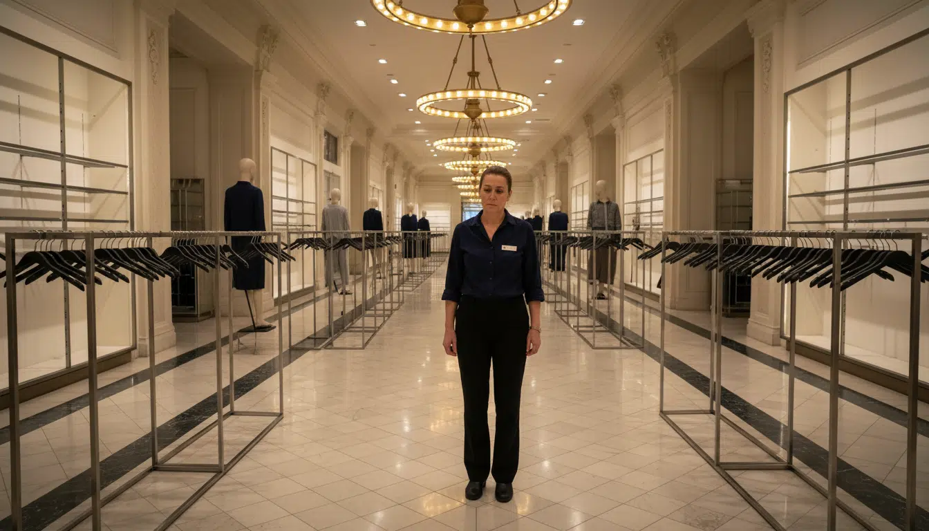 Employée inquiète dans les allées d'un grand magasin