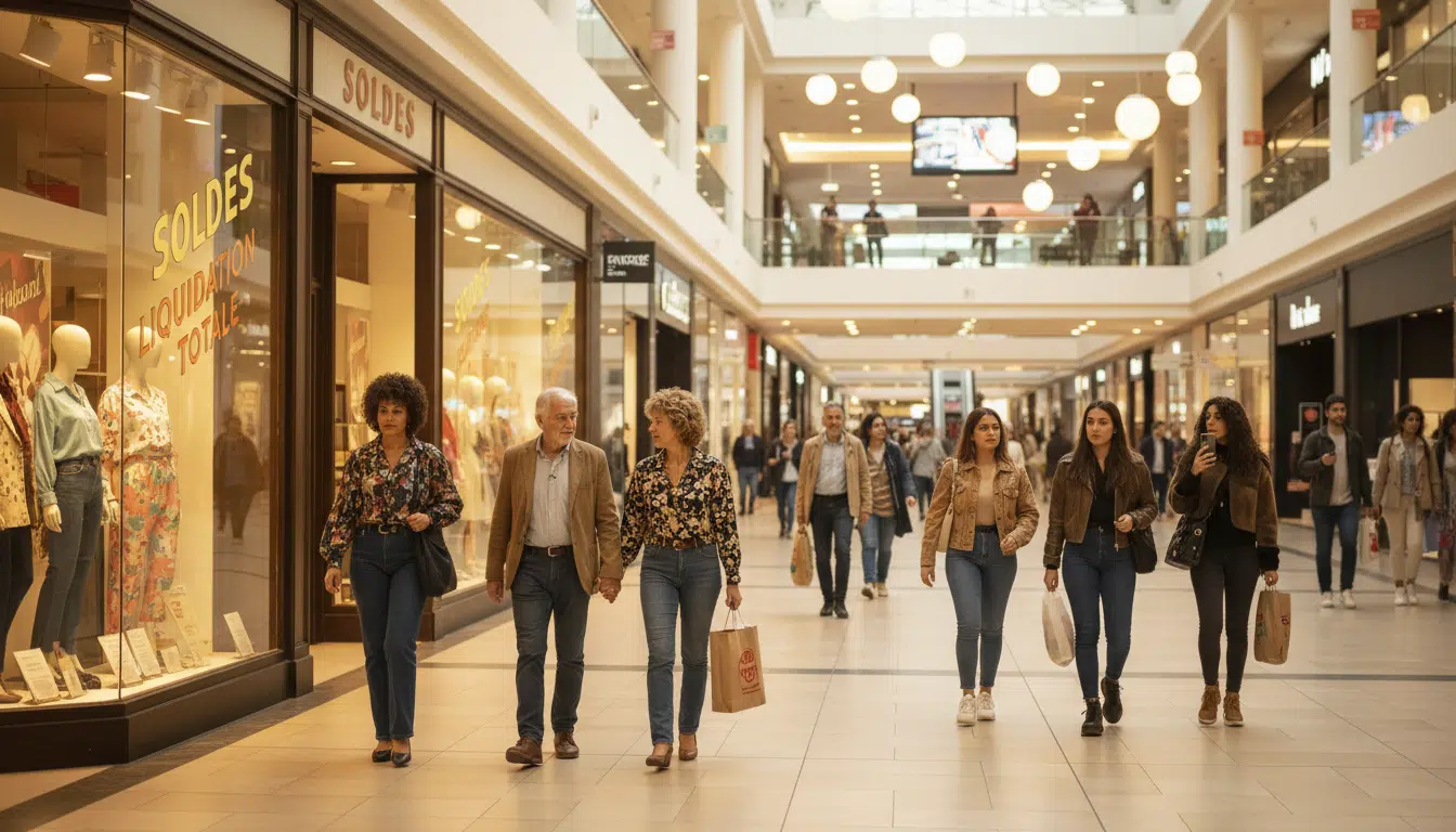 Couple dans un centre commercial face à un magasin en fermeture