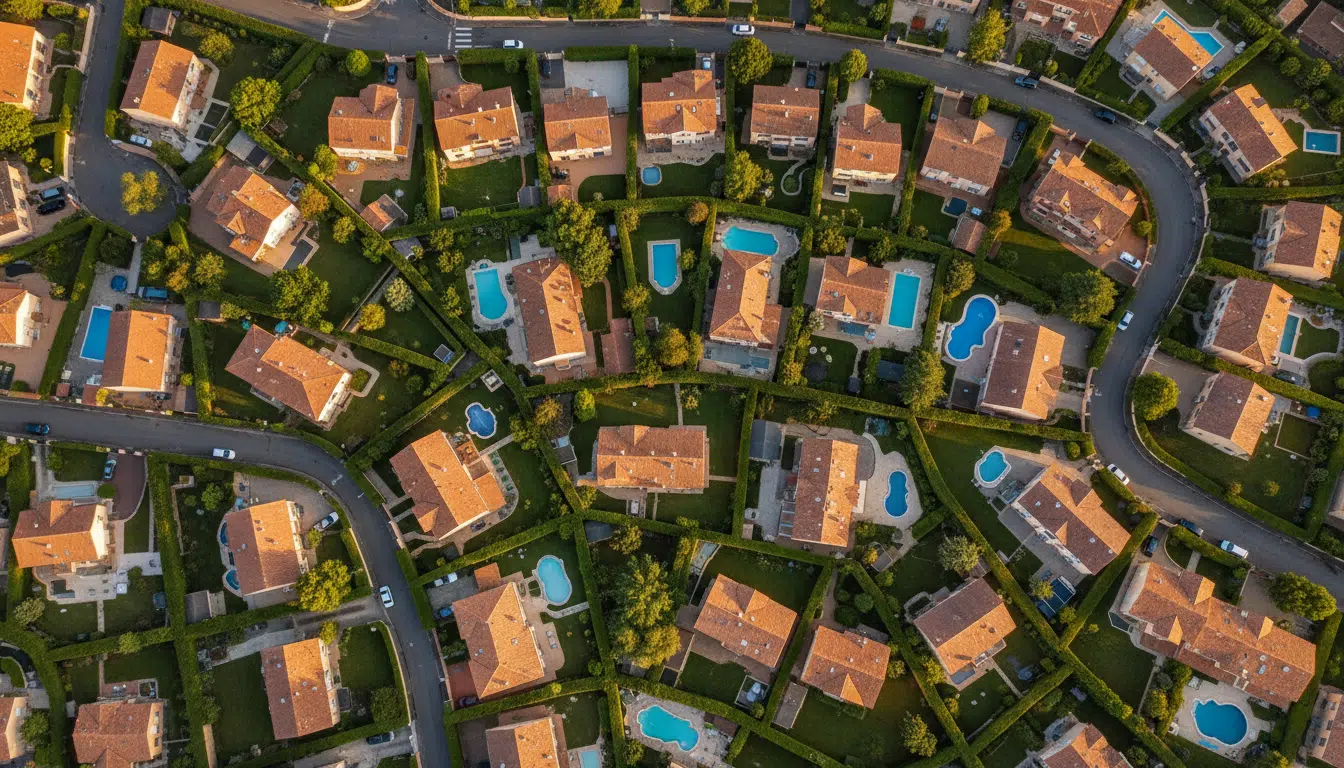 Vue aérienne de maisons françaises avec piscines dans les jardins