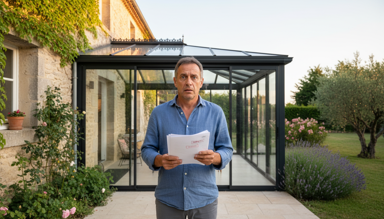 Propriétaire inquiet devant sa véranda avec des documents fiscaux