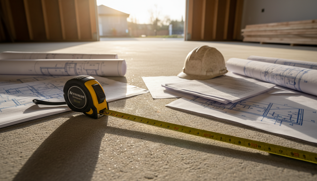 Mètre ruban dans un garage avec des documents de permis de construire