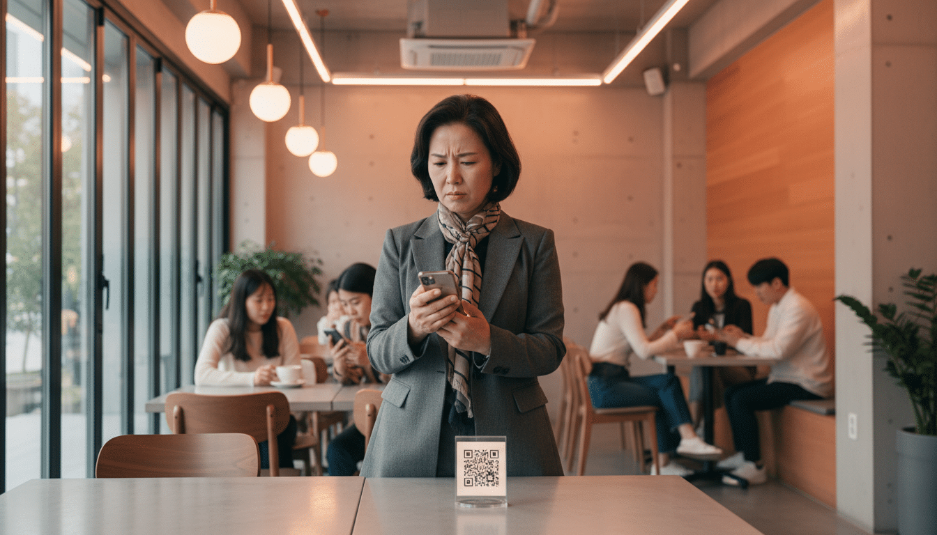 Femme perplexe devant un menu QR code dans un café coréen