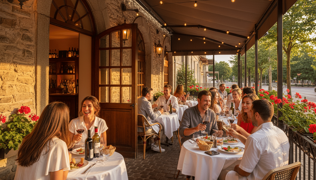 Terrasse de restaurant européen avec clients de tous âges