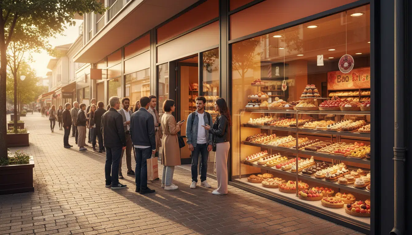 File d'attente devant une pâtisserie Tema's Cake