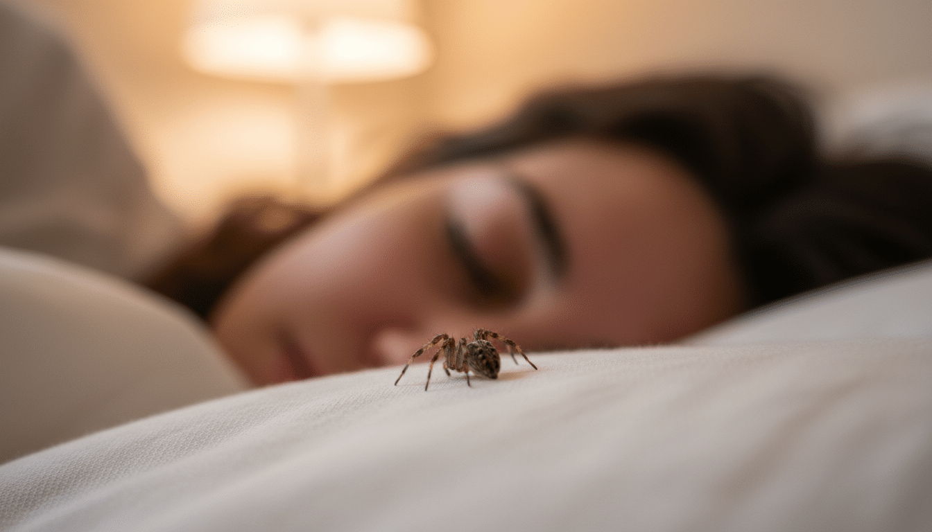 Araignée domestique sur un oreiller s'éloignant d'un dormeur