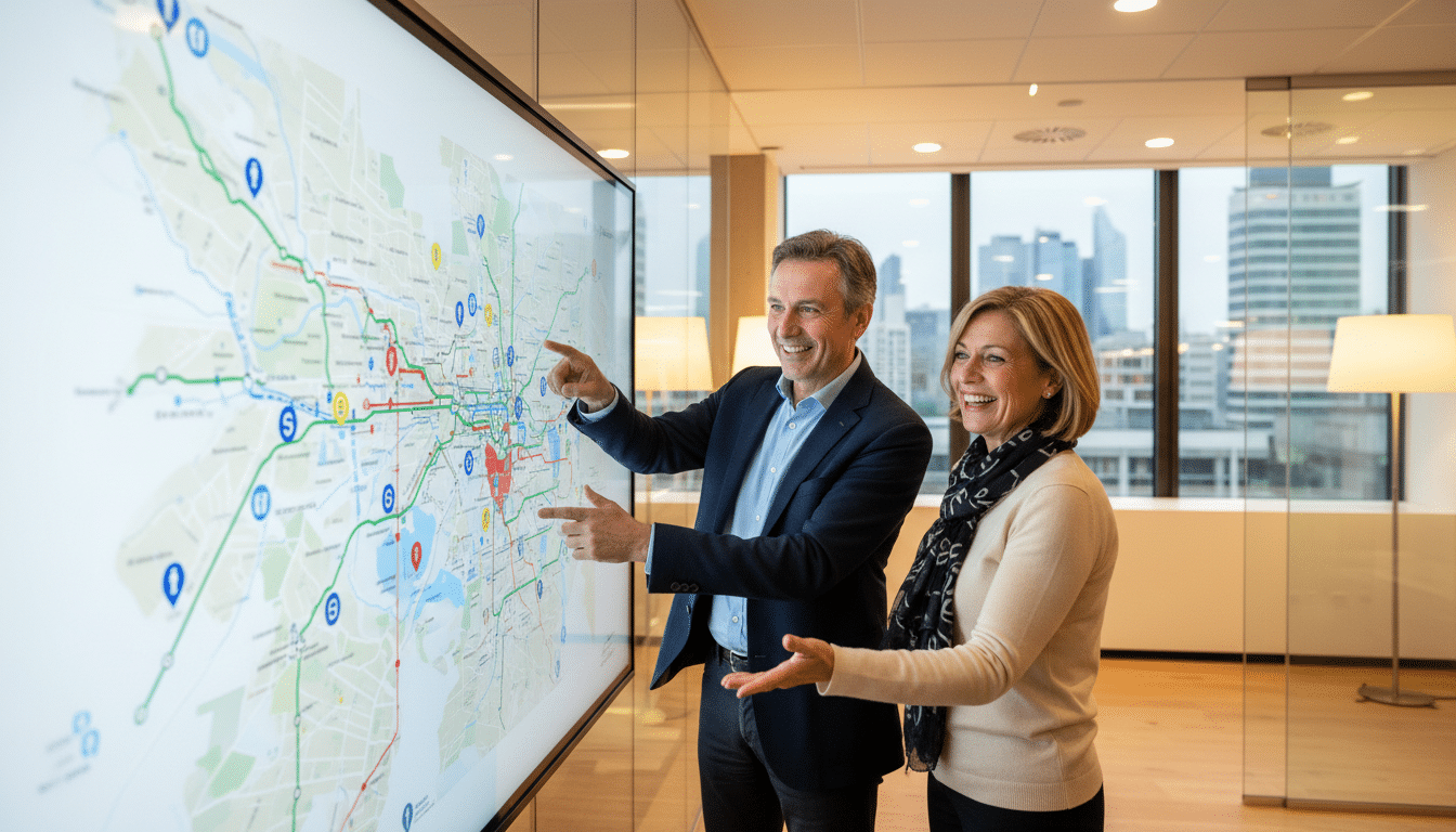 Architectes discutant de plans d'urbanisme et de l'installation de services publics.