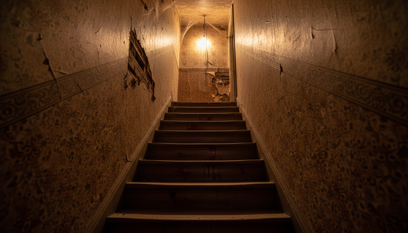 Escalier d'une maison ouvrière avec traces de sang