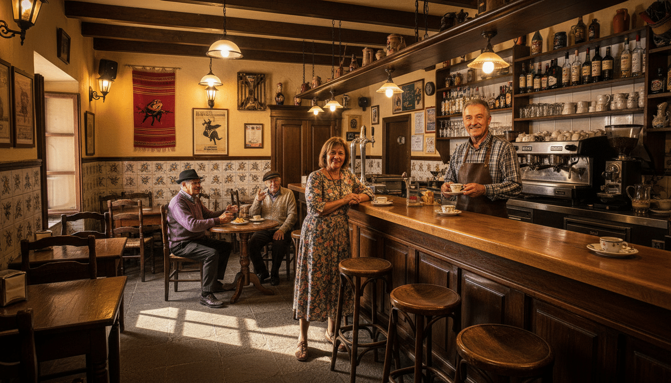 Intérieur d'un bar de village espagnol chaleureux