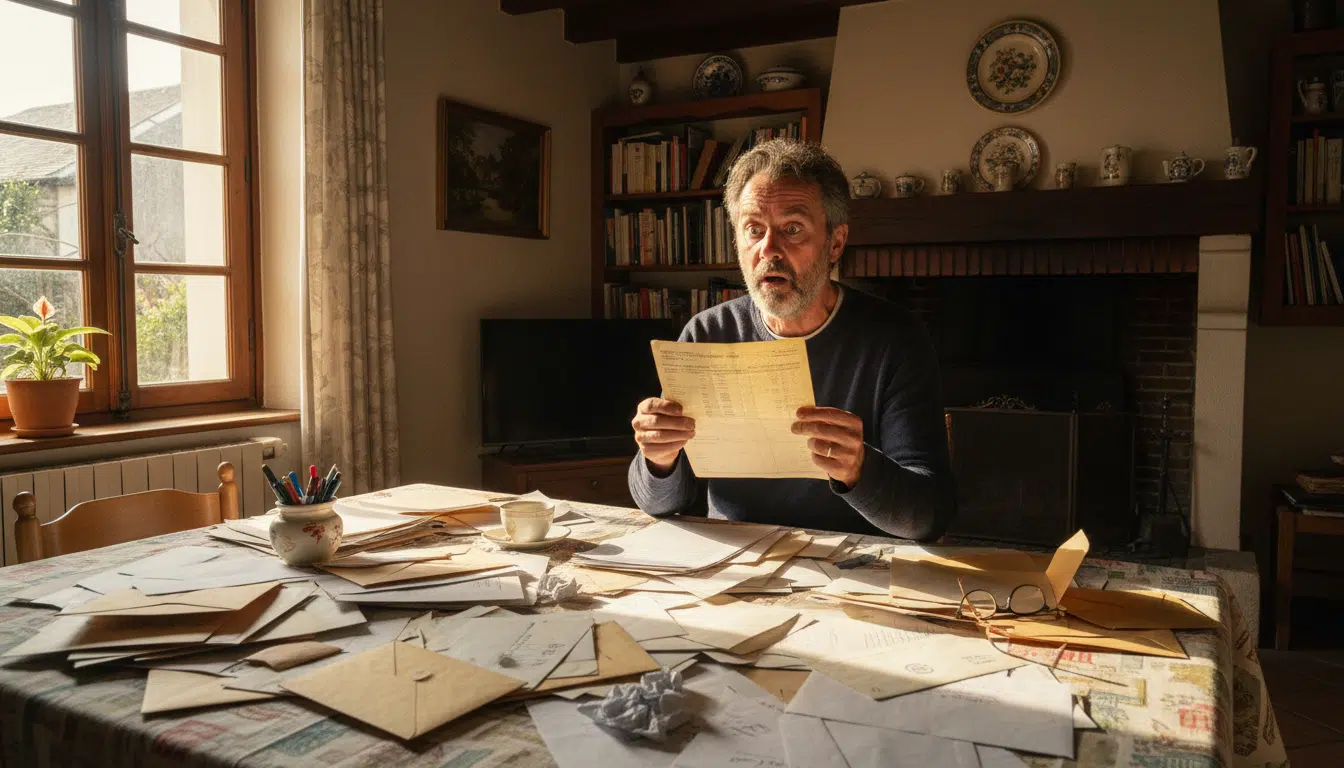 Personne surprise découvrant un ancien relevé bancaire oublié