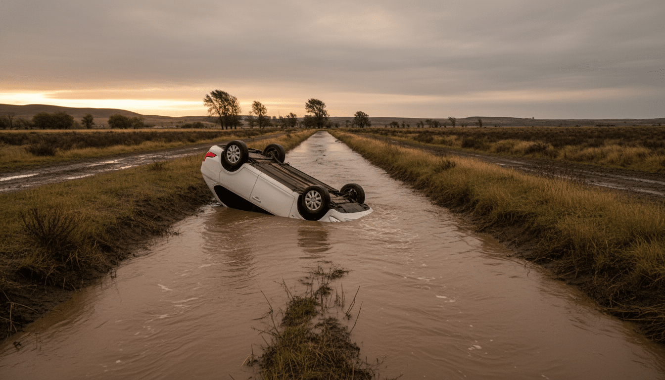 Voiture retournée dans un canal d'irrigation après des inondations