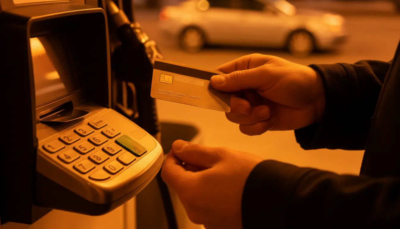 Carte bancaire insérée dans un terminal de pompe avec dispositif de shimming