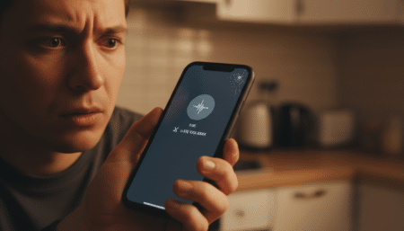 Personne inquiète regardant un message vocal suspect sur son smartphone