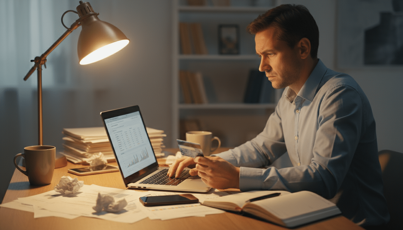 Personne stressée vérifiant son compte bancaire après une arnaque