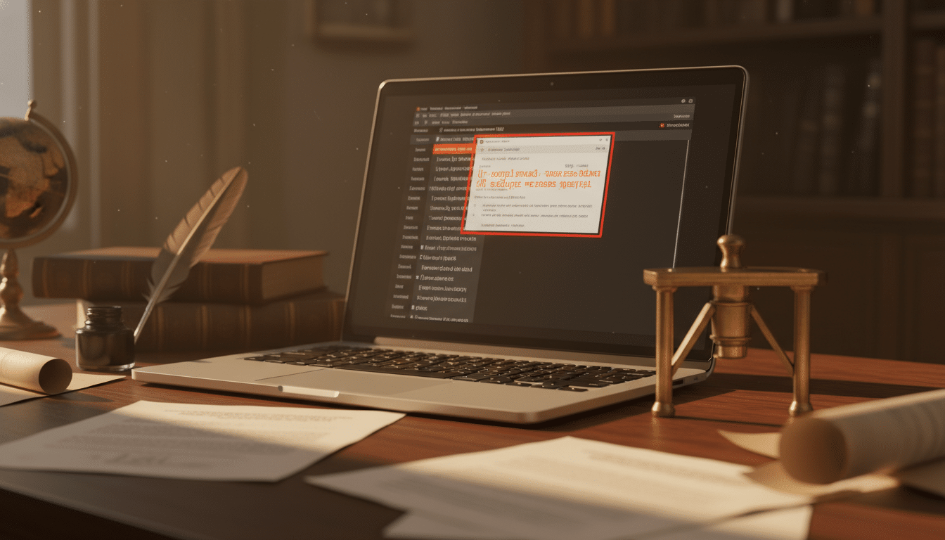 Écran d'ordinateur affichant un mail suspect dans une étude notariale