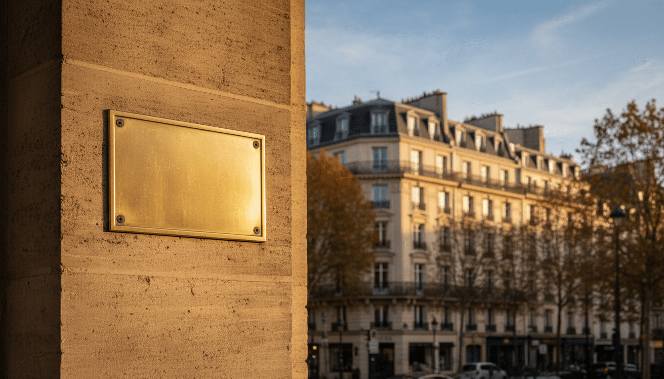Plaque de la Chambre des Notaires sur un immeuble parisien