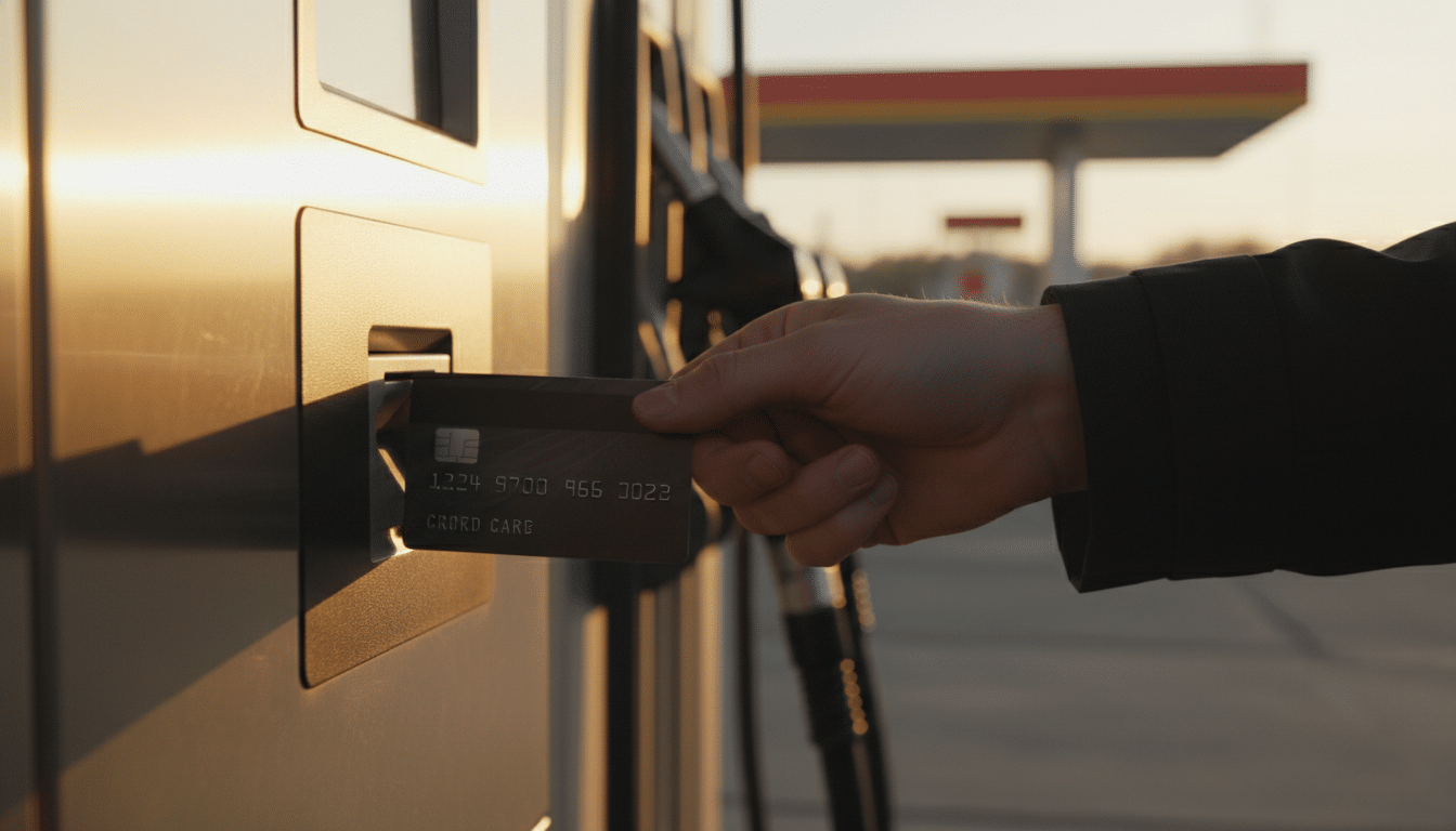 Main insérant une carte bancaire dans une borne de station-service