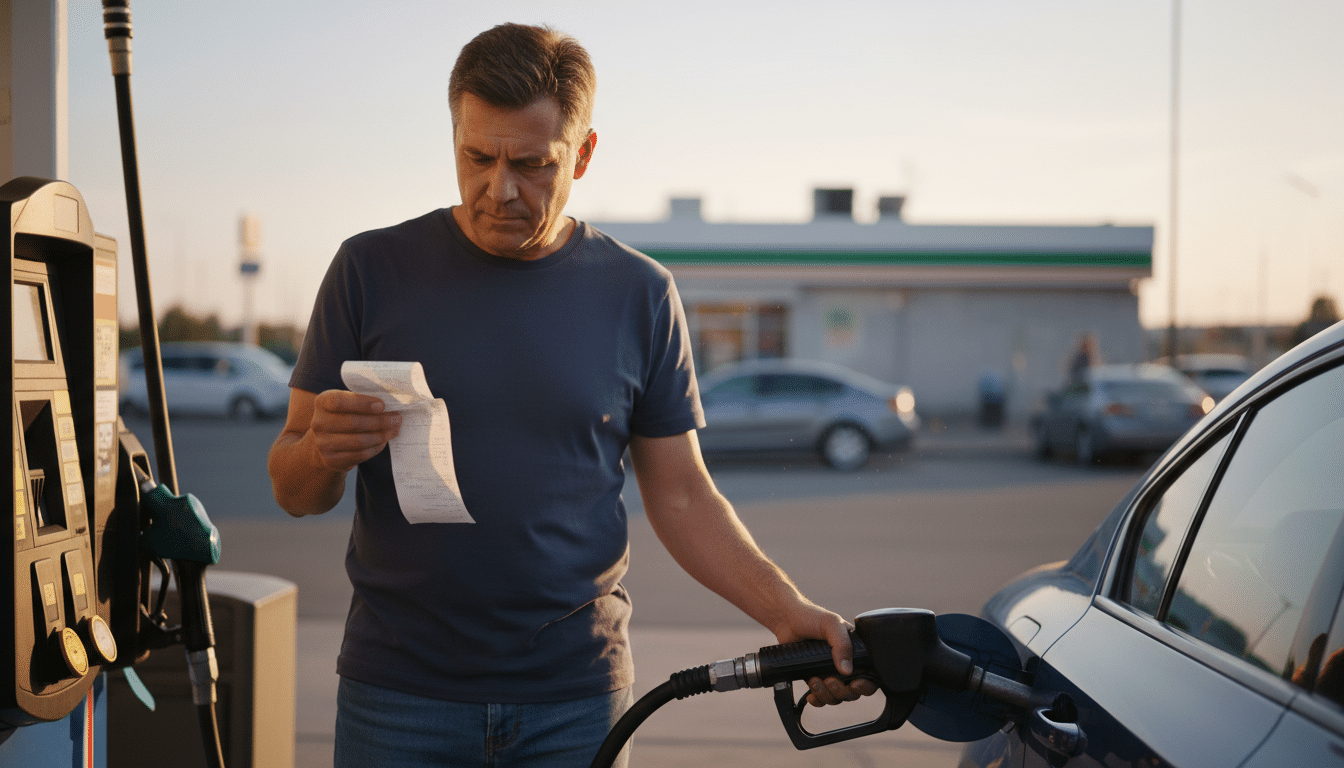 Automobiliste vérifiant son ticket avant de quitter la pompe