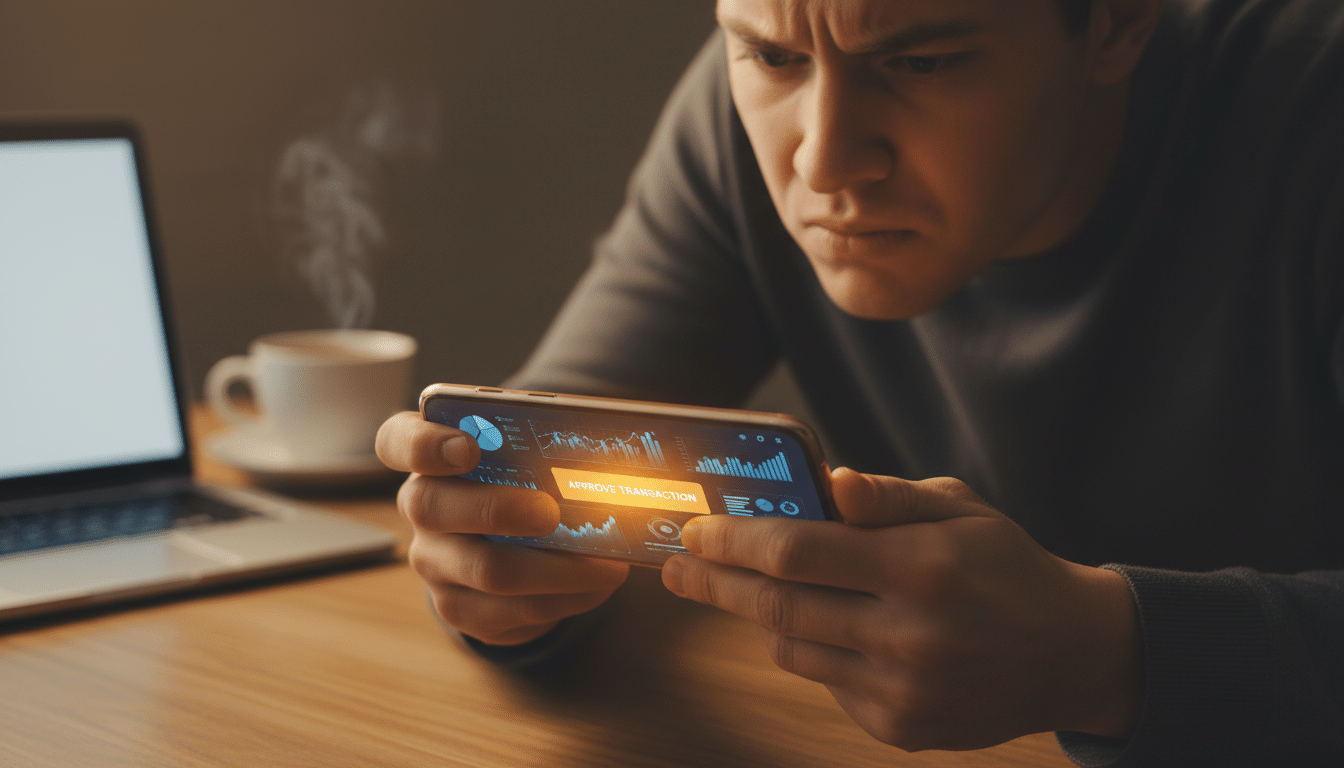 Victime hésitant devant une approbation sur une fausse app crypto