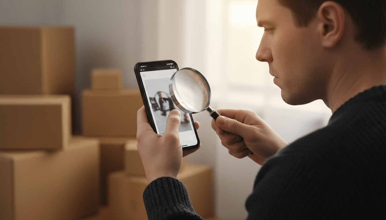 Vendeur examinant une photo suspecte sur son smartphone